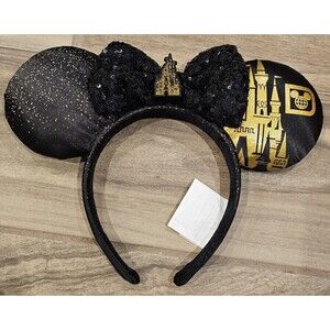 Disney Parks Headband Ears Minnie Mouse Castle Bow Sequins WDW Black Gold Rare